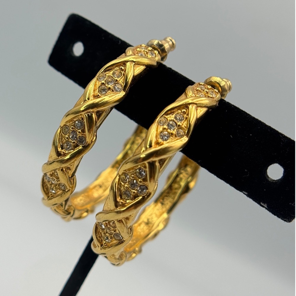 Elizabeth Taylor for Avon Gold Tone‎ Crystal Hoop Earrings 1.5" Vintage Glam